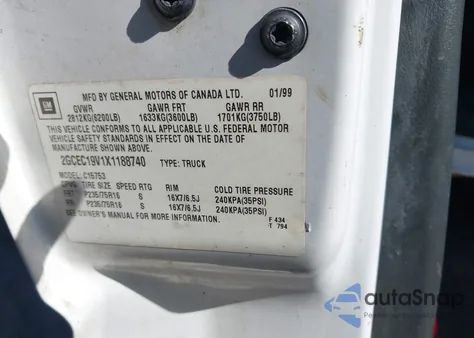 1999 Chevrolet Silverado 1500 из США, поврежденный, VIN 2GCEC19V1X1188740